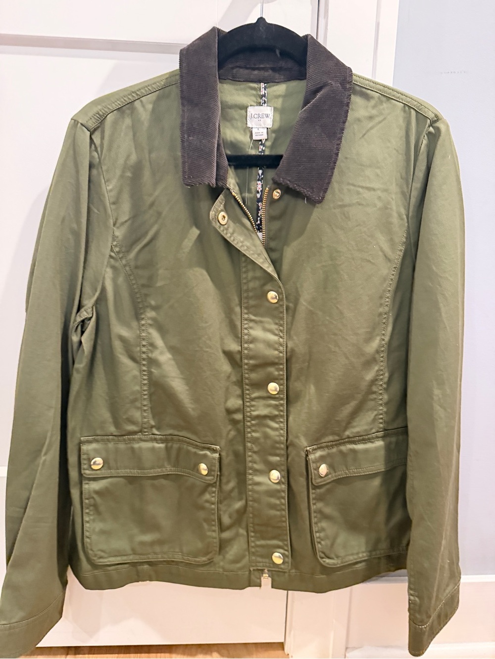 J. Crew Olive Jacket with Dark Brown Corduroy Collar
